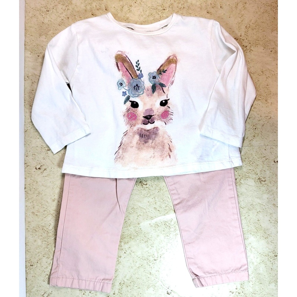 Zara Baby Collection Bunny Long Sleeve TShirt Dusty Pink Pleated Pant Set 12-18M - Picture 2 of 16